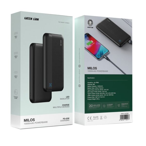 Green Lion Milos 10000mAh Powerbank - Black POWERBANK GREEN LION MILOS PD 10000MAH